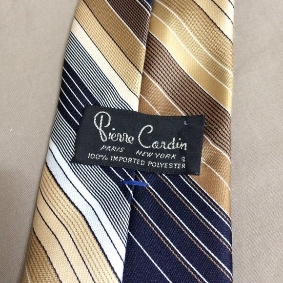 Vintage Pierre Cardin Tie Navy Beige 100% Polyester 3 in Wide - Picture 4 of 4